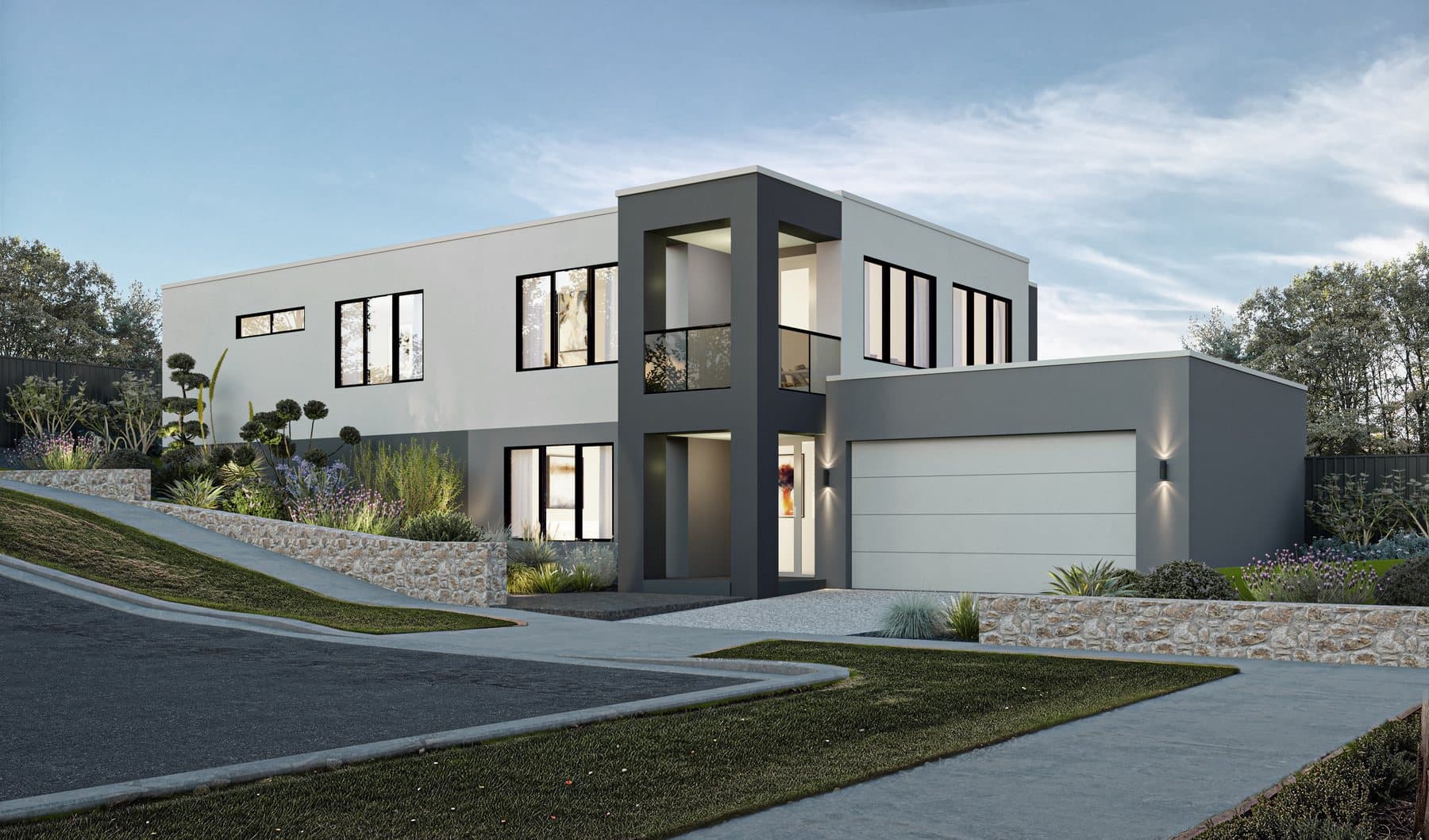 Architectural render of an NE Homes two storey design with a charcoal entry tower and stone-faced garden retaining on a corner block