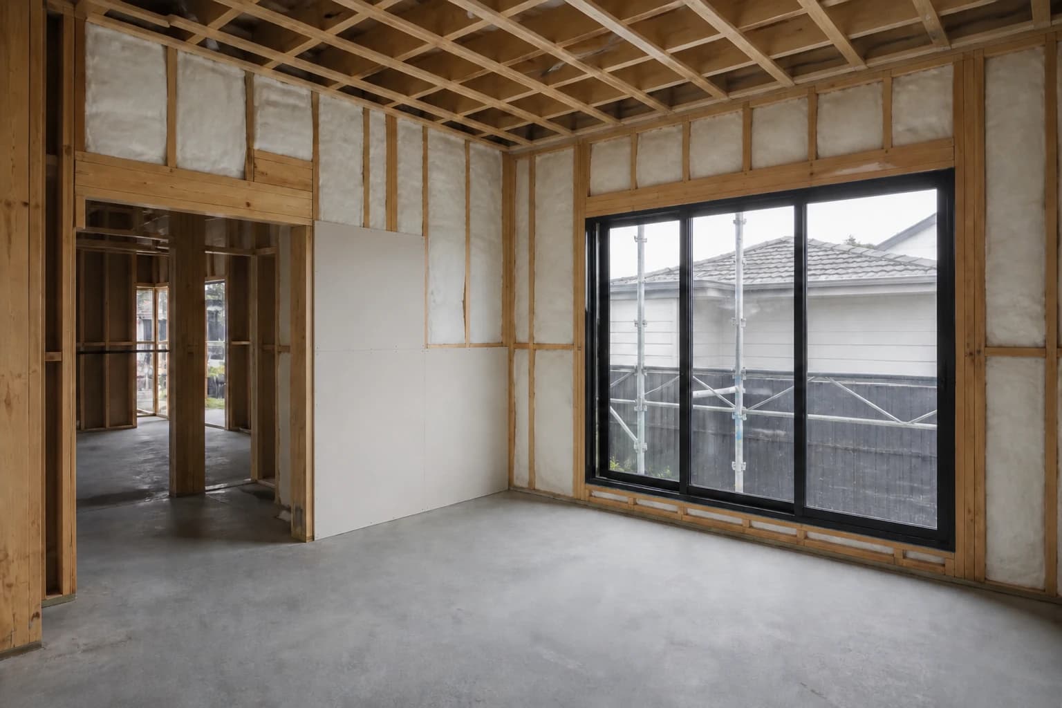 A room in a new home under construction, with insulation batts fitted between the timber wall studs, part of the plasterboard lining installed and a large black-framed sliding window in place above a bare concrete slab