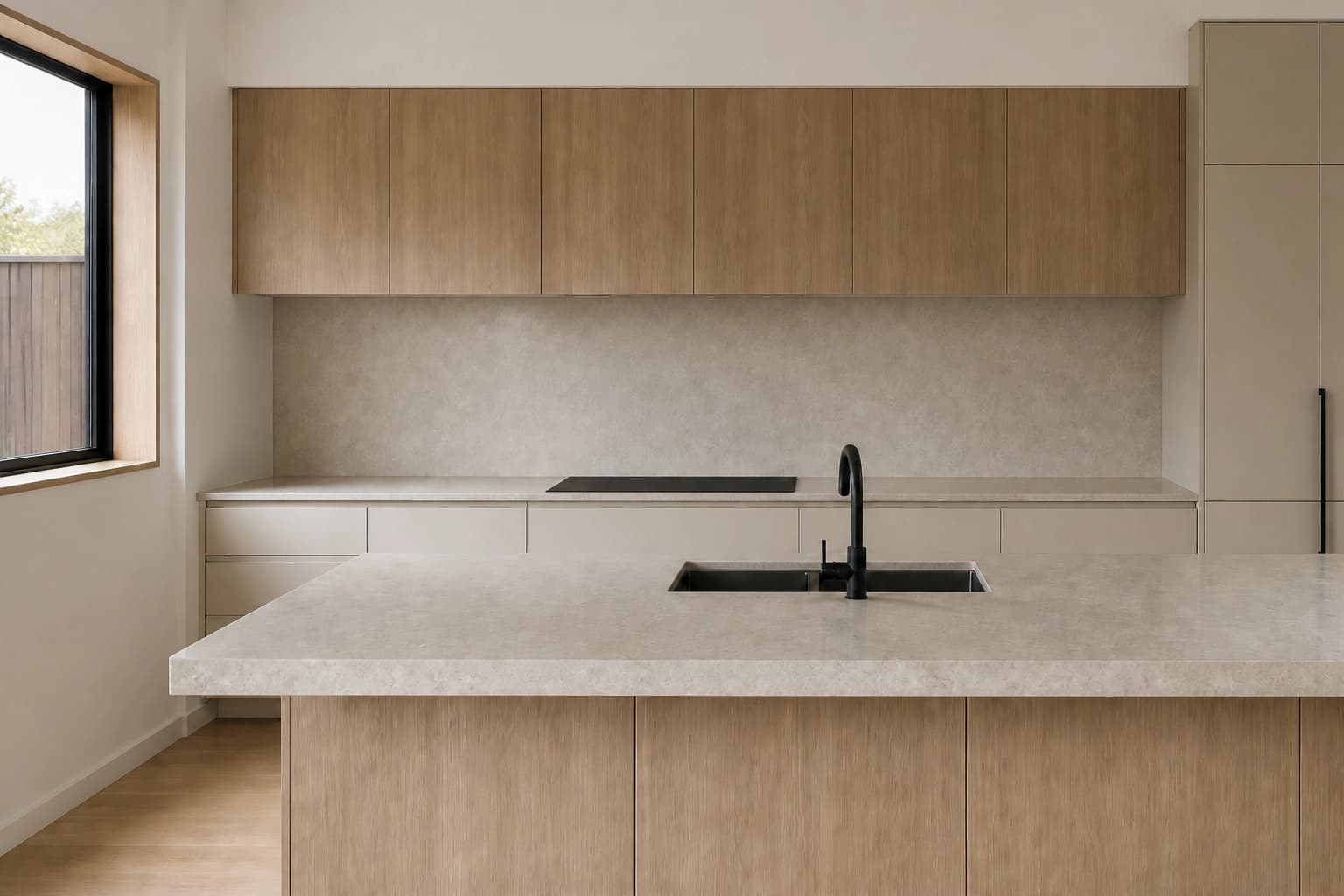 A finished kitchen in pale oak and stone, with a flush induction cooktop set into the rear bench and no gas fittings anywhere in the room