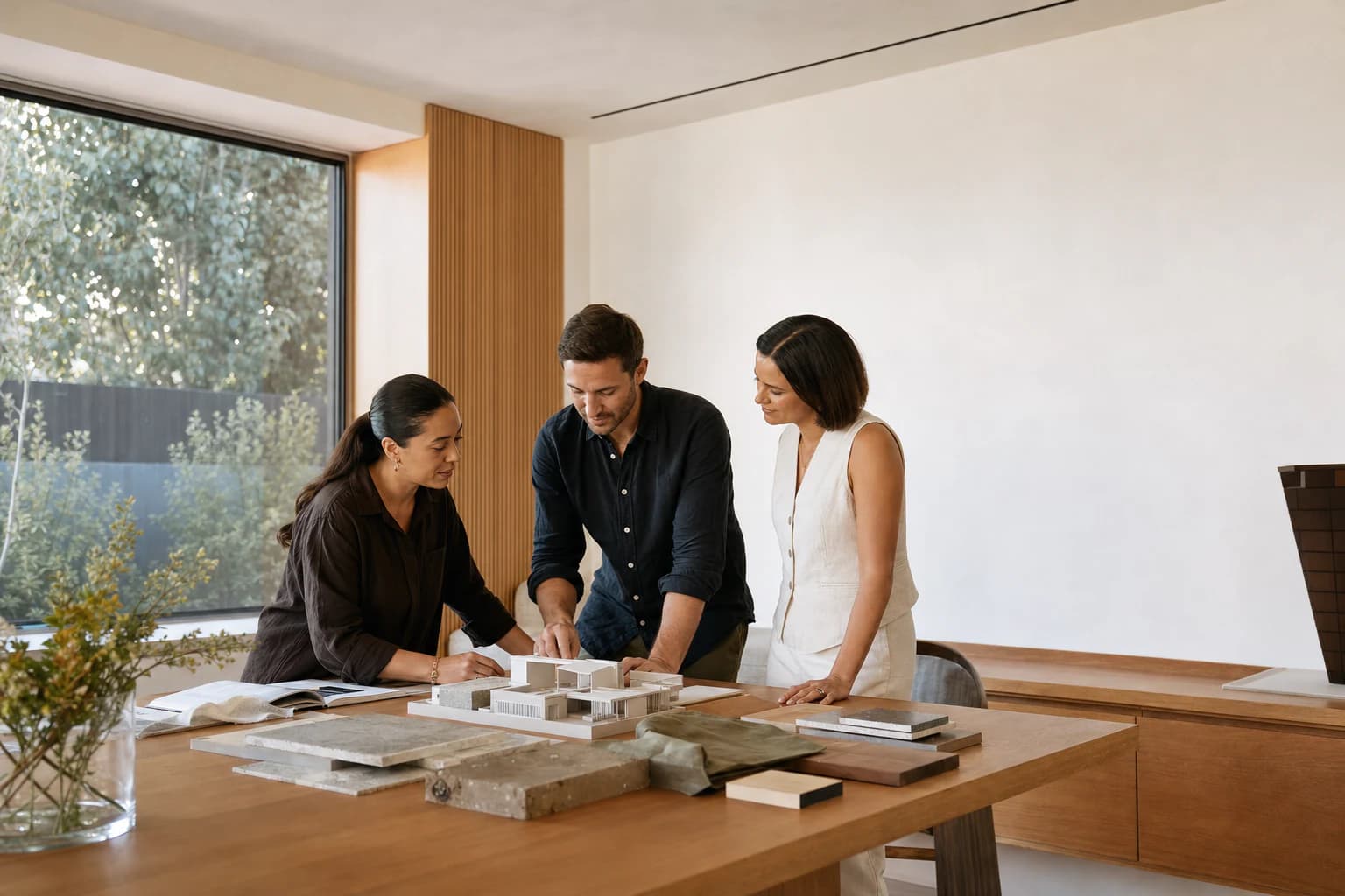 Architect, builder and homeowner reviewing a custom home model and materials