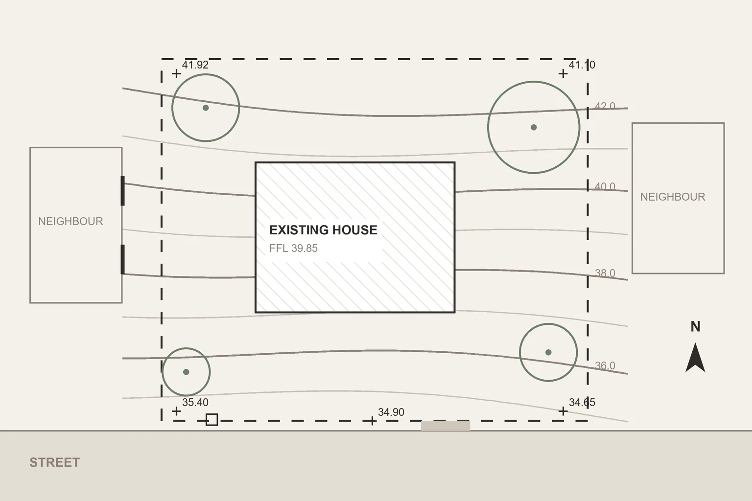 Illustrative site plan of a sloping block showing contour lines, spot levels at the corners, the existing house with its floor level, trees, neighbouring buildings with side windows and the street crossover