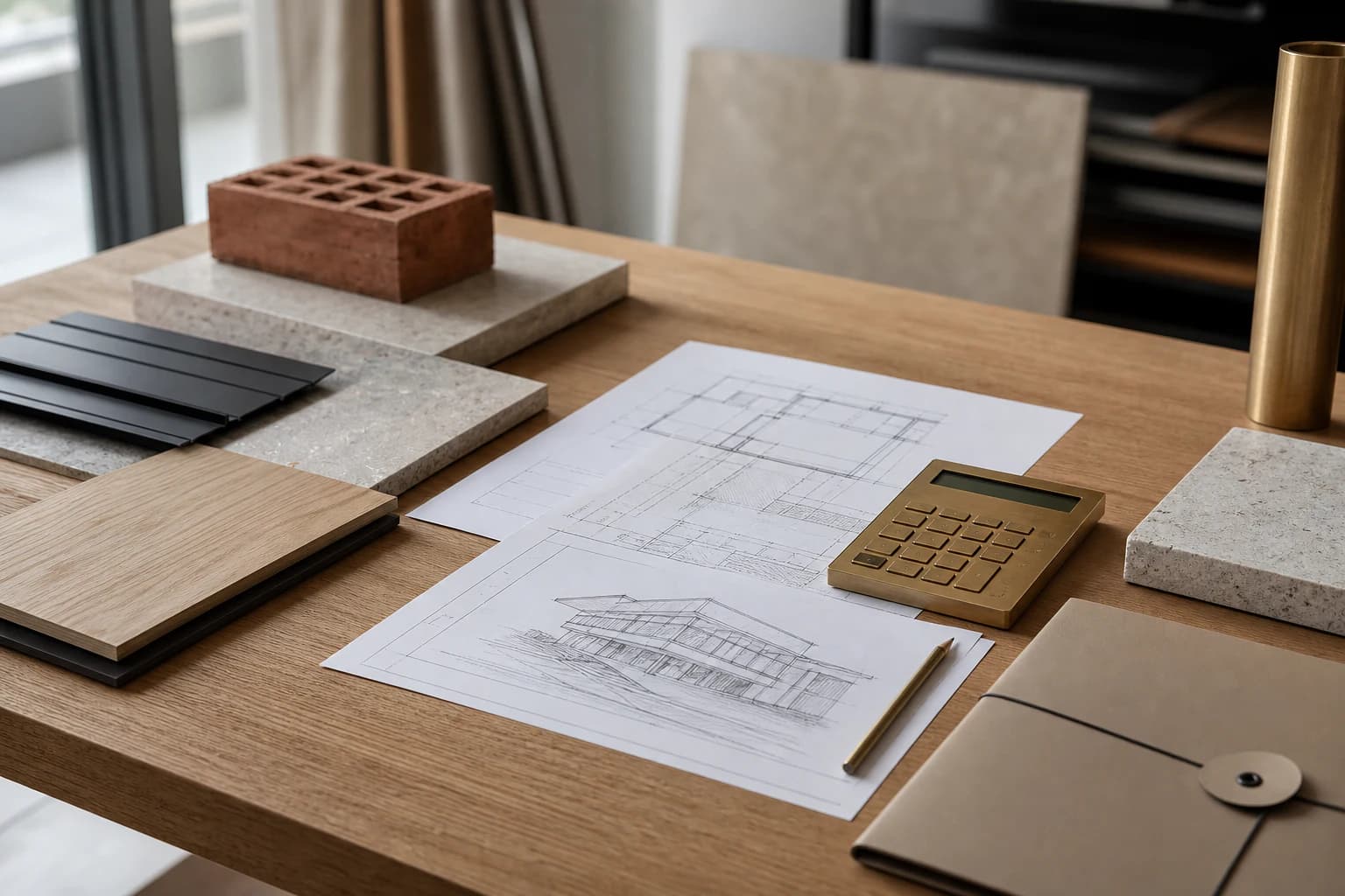 Building plans, calculator and architectural finish samples on a studio table