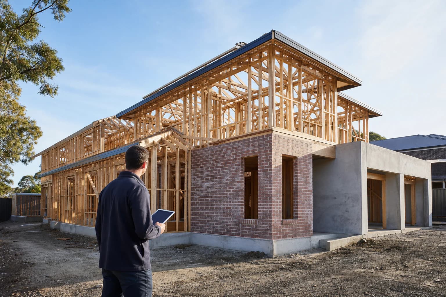 Site supervisor inspecting a custom home at the enclosed frame stage