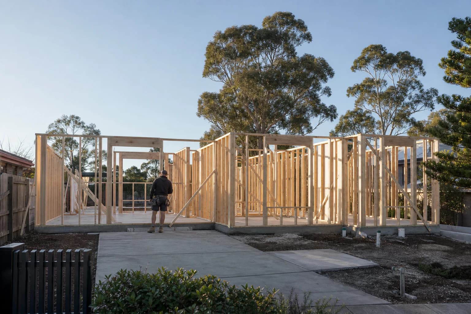 New timber framing rising on an established Melbourne residential block