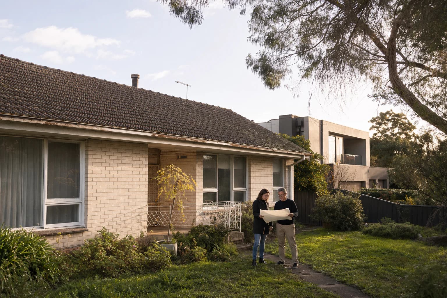 Homeowner and architect assessing an established Melbourne house