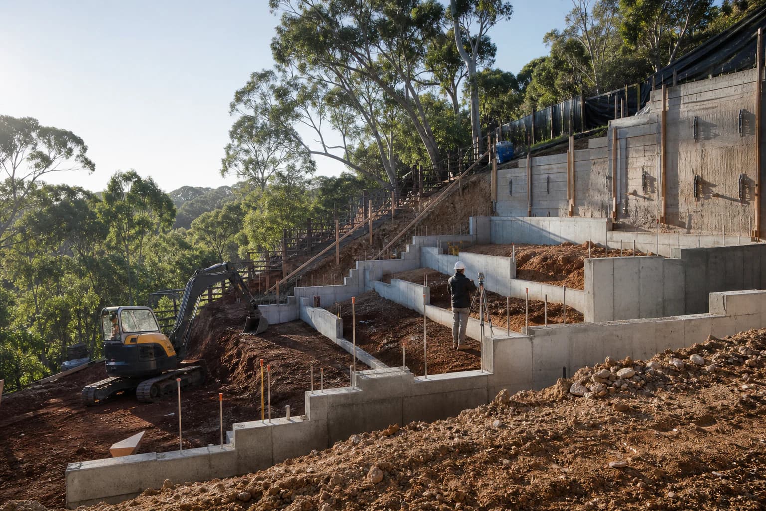 Stepped concrete footings engineered for a steep Melbourne building site