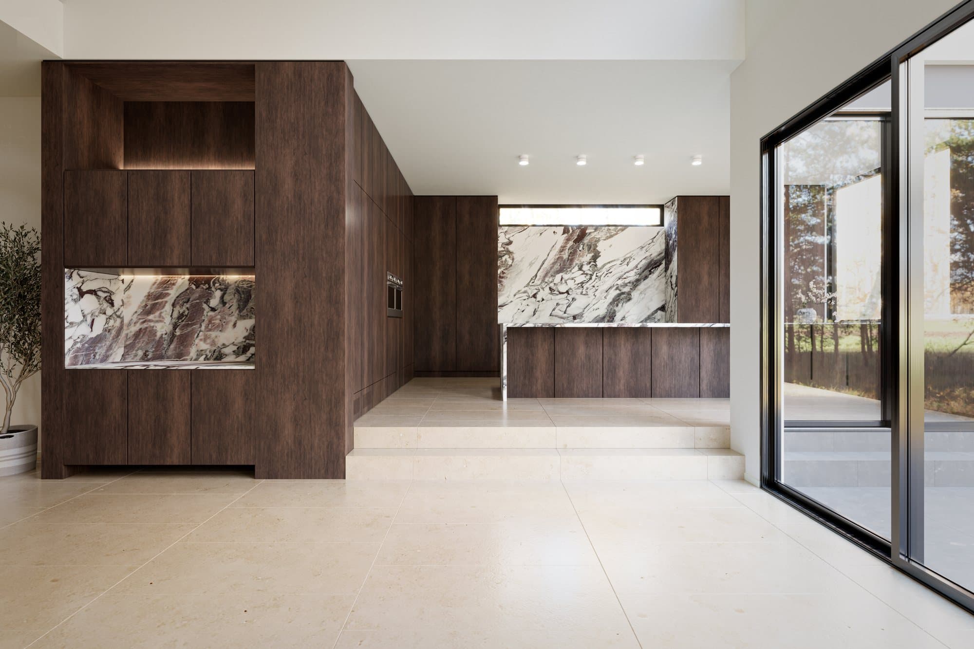 Architectural render of an NE Homes kitchen design with dark timber joinery, a veined stone splashback and a step down to stone-floored living