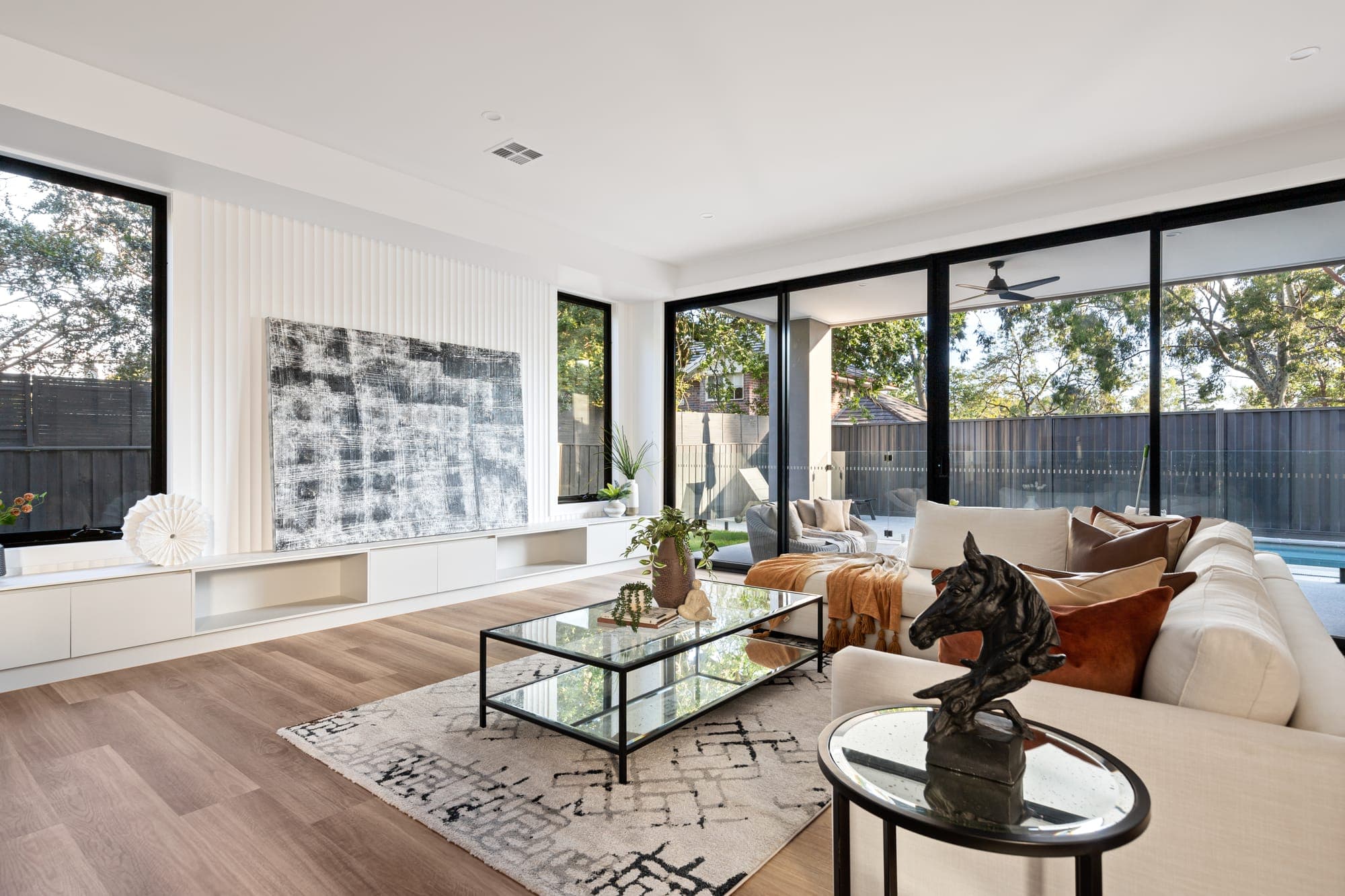 The Jasper, main living room with pool view, Berwick