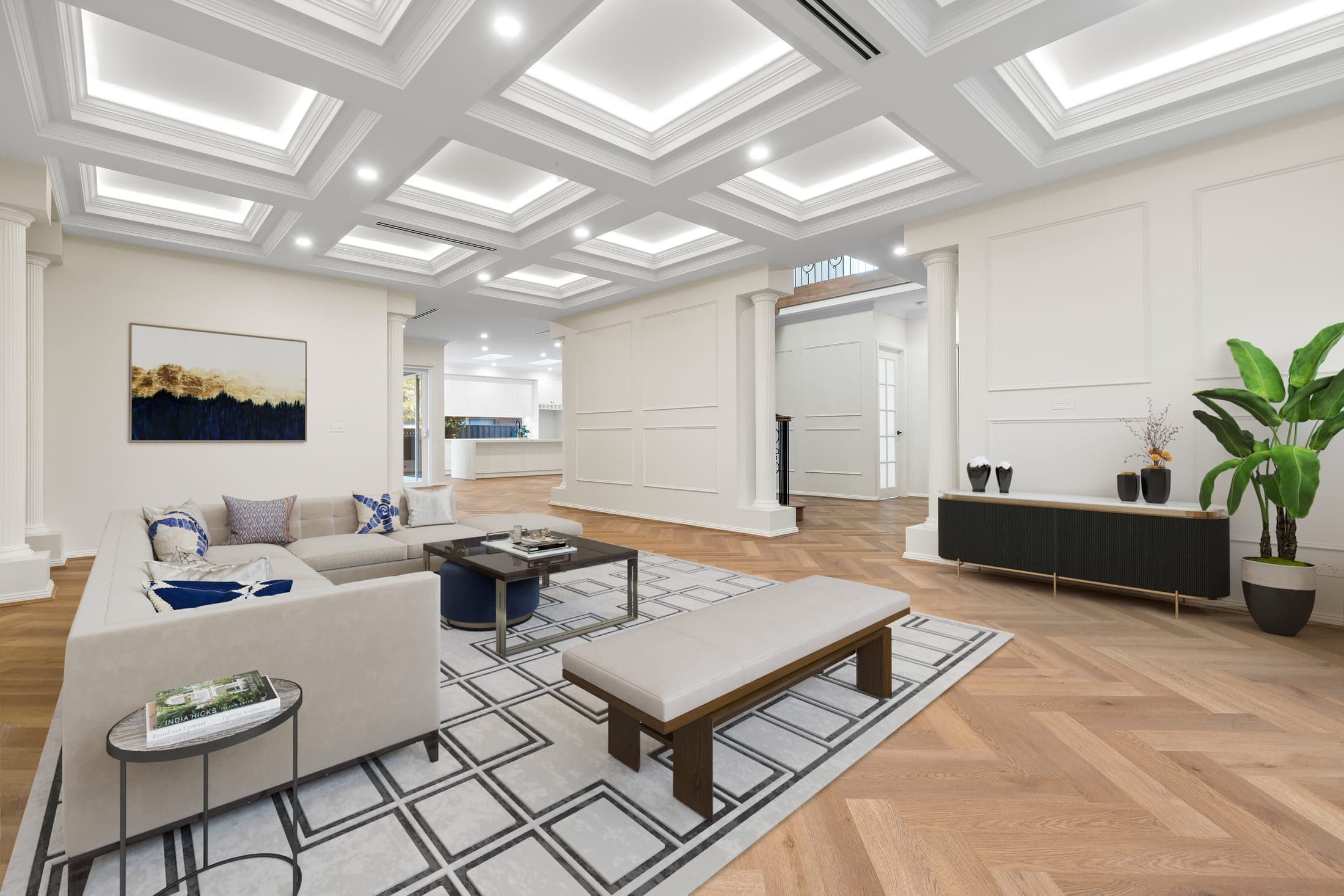 Formal living room with coffered ceiling in a new custom home, Old Berwick