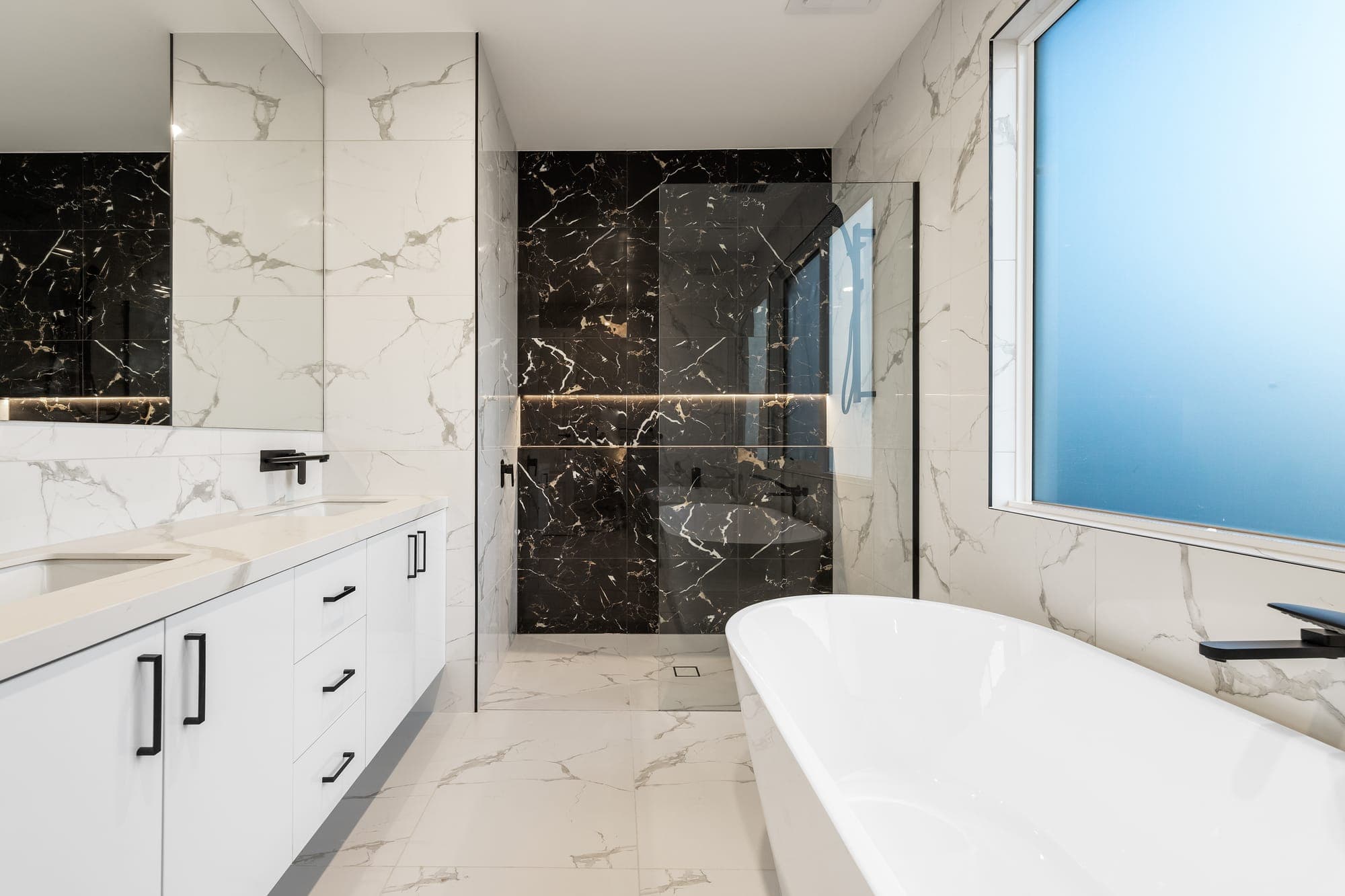 The Marquise, marble bathroom with freestanding bath, Oakleigh South