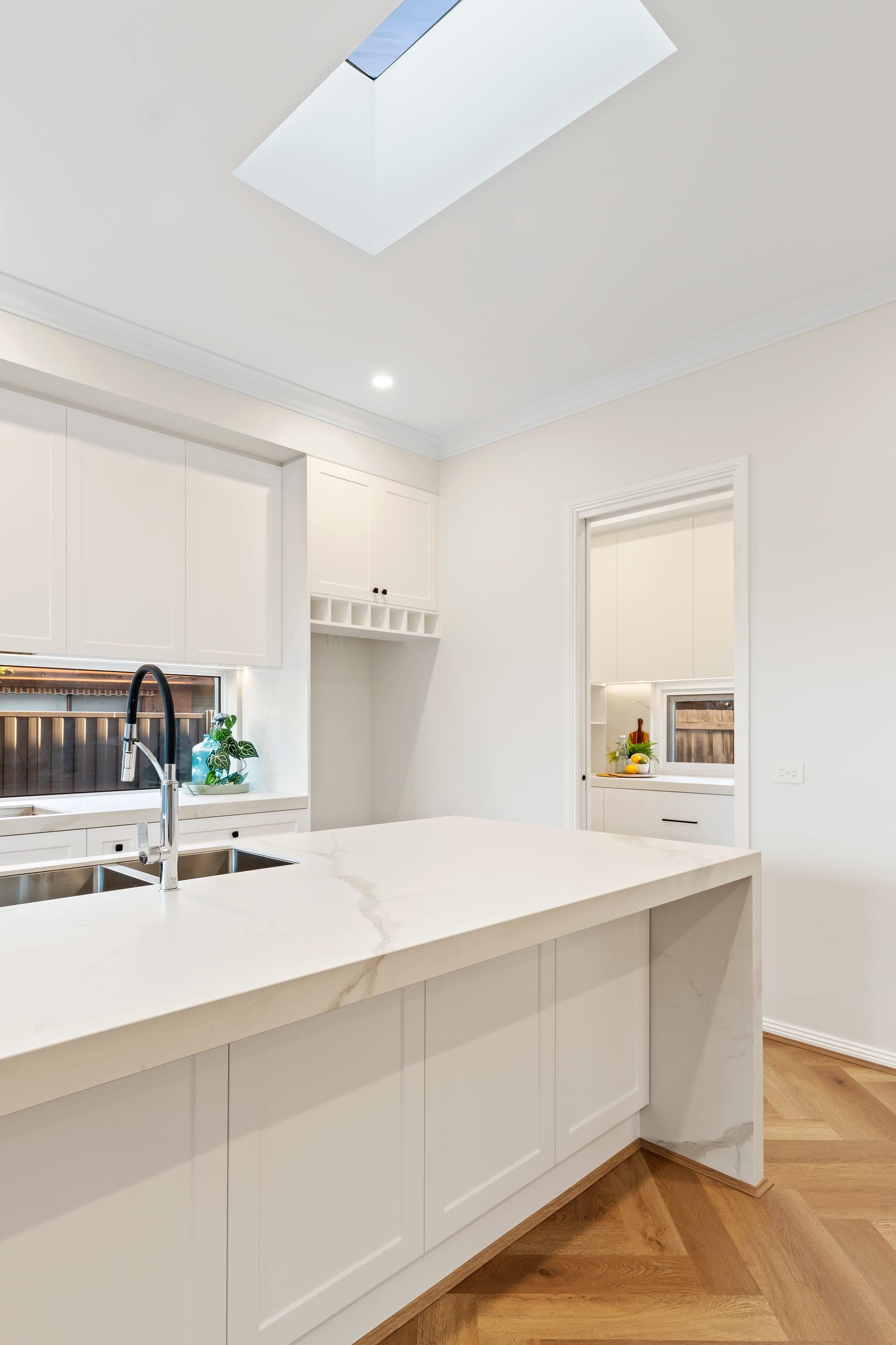 The Marquise, kitchen with herringbone floors and skylight, Oakleigh South
