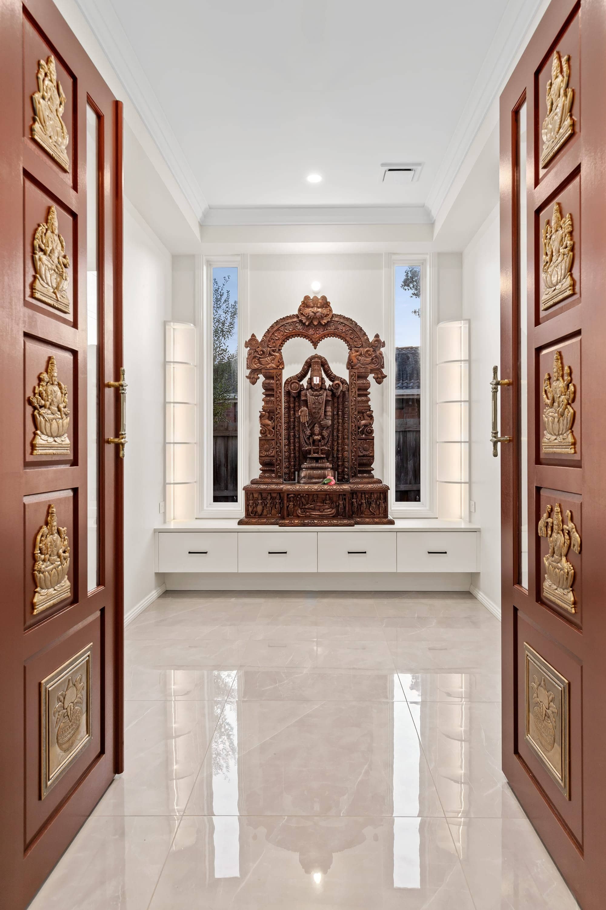 The Marquise, custom puja room with carved doors, Oakleigh South