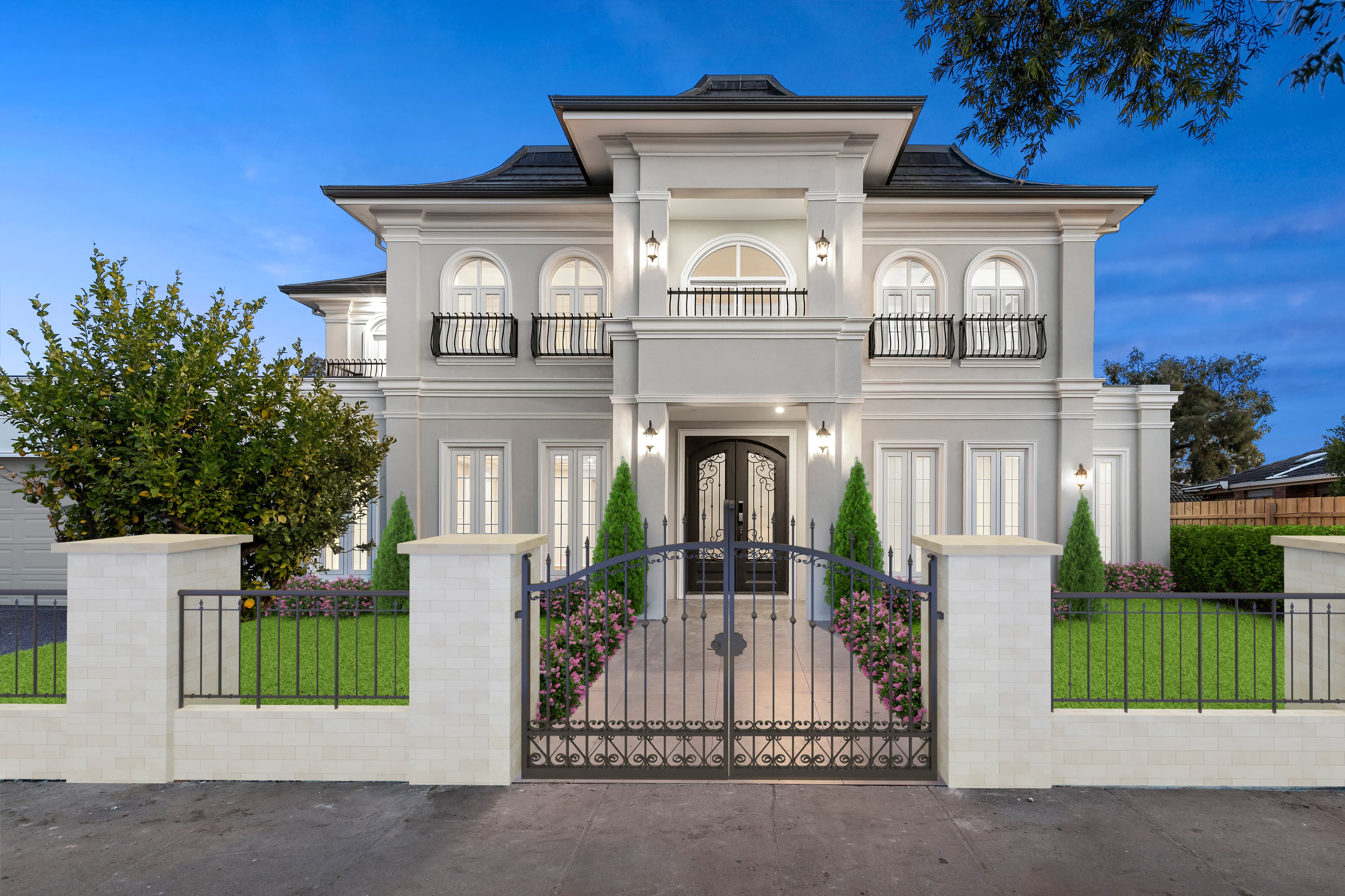 The Marquise, French provincial facade at dusk, Oakleigh South
