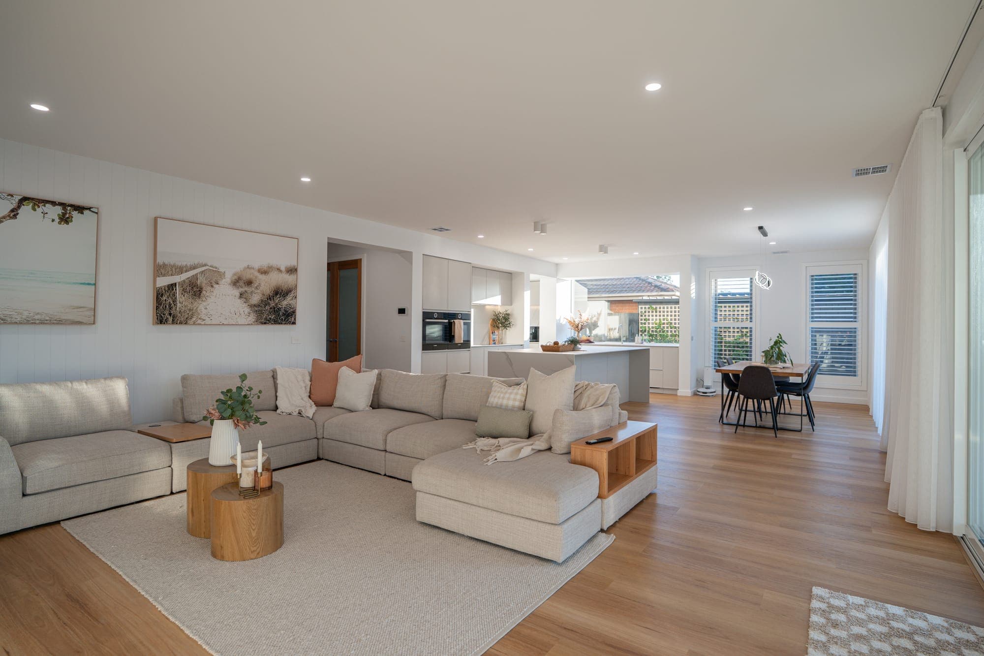 Open plan living area in a custom knockdown rebuild by NE Homes