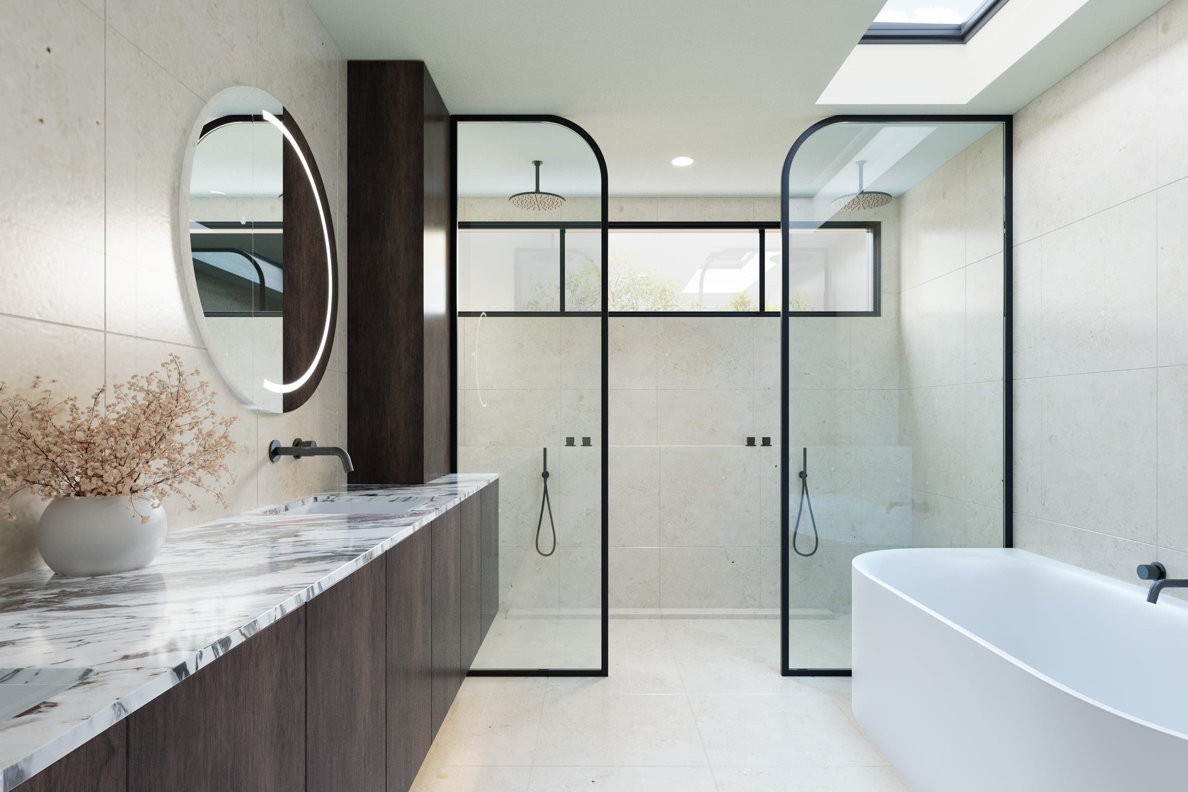 Project Arcadia, ensuite render with freestanding bath and stone vanity