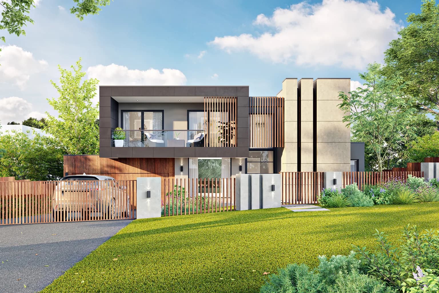 Architectural render of a contemporary two storey custom home by NE Homes, set behind established trees on a generous garden block